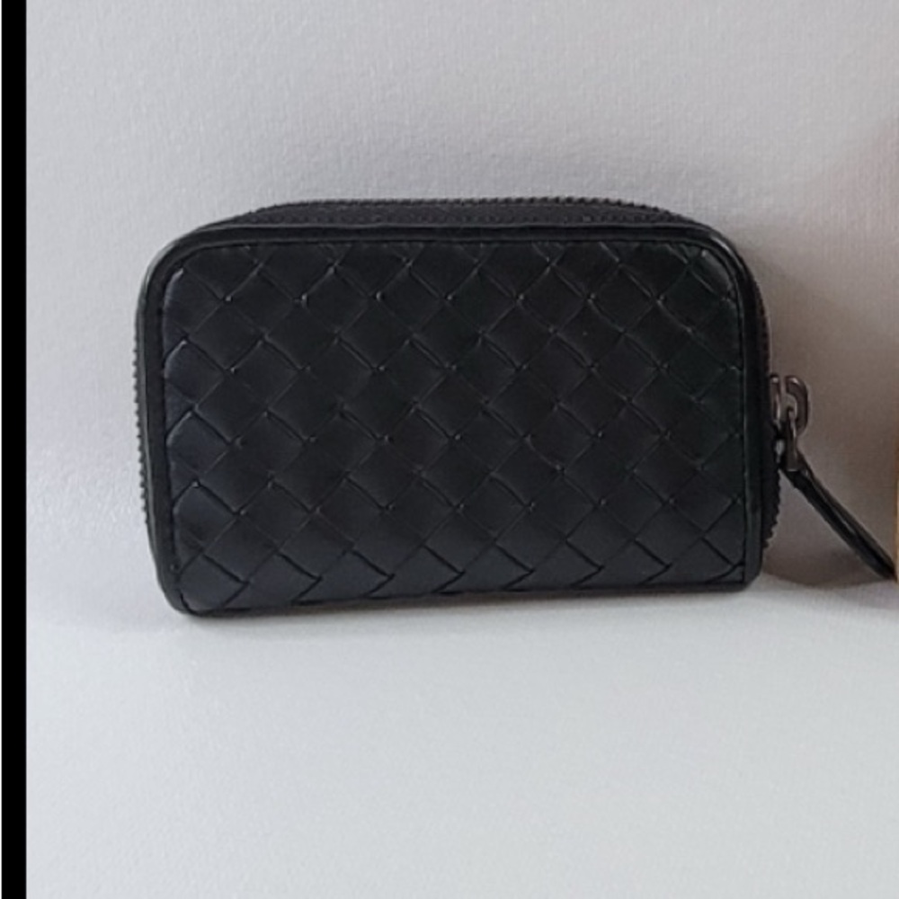 Bottega Black Woven Leather Card/Coin Wallet